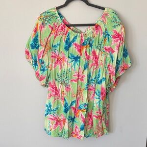 Tropical Floral Blouse in Green and Pink